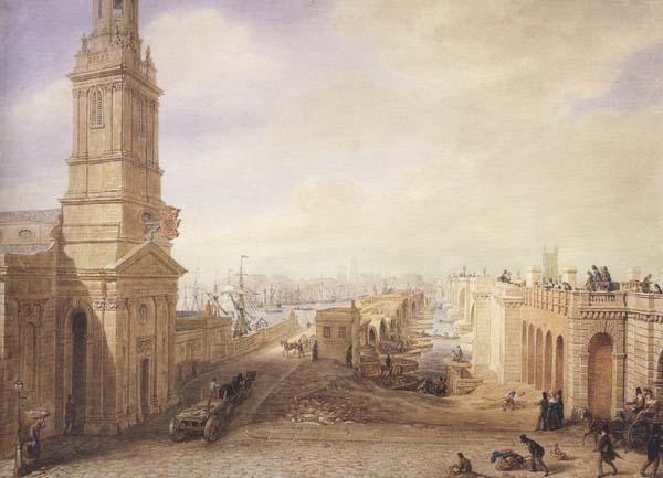 George Scharf Old and New London Bridges as they appeared in December 1831 (mk47) oil painting picture